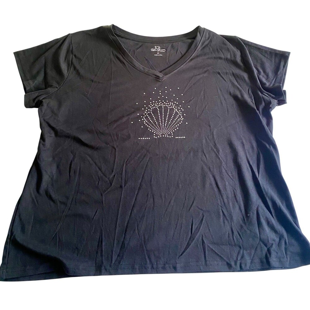 Palm Grove Womens Black Top Size 3X Beach Tropical  Short Sleeve Embellished
